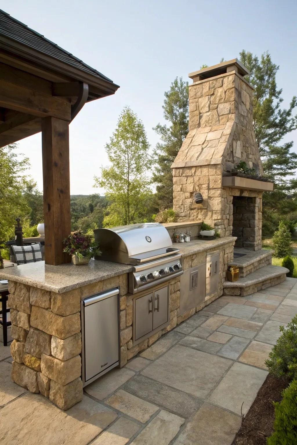 Stone outdoor kitchen and fireplace